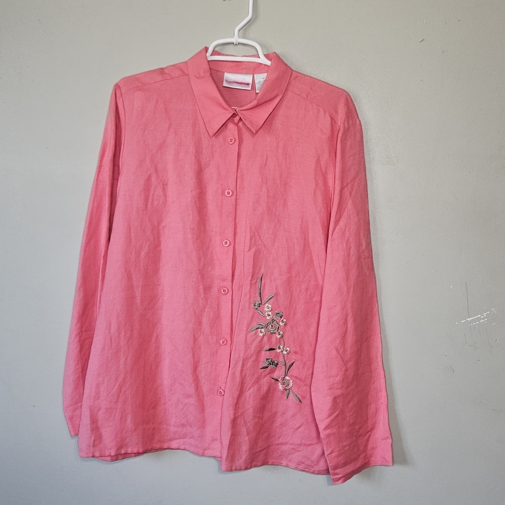 🩷🩵Worthington Linen/rayon  Coral Shirt‎ Flowers Embroidery Size 12🤎🩷